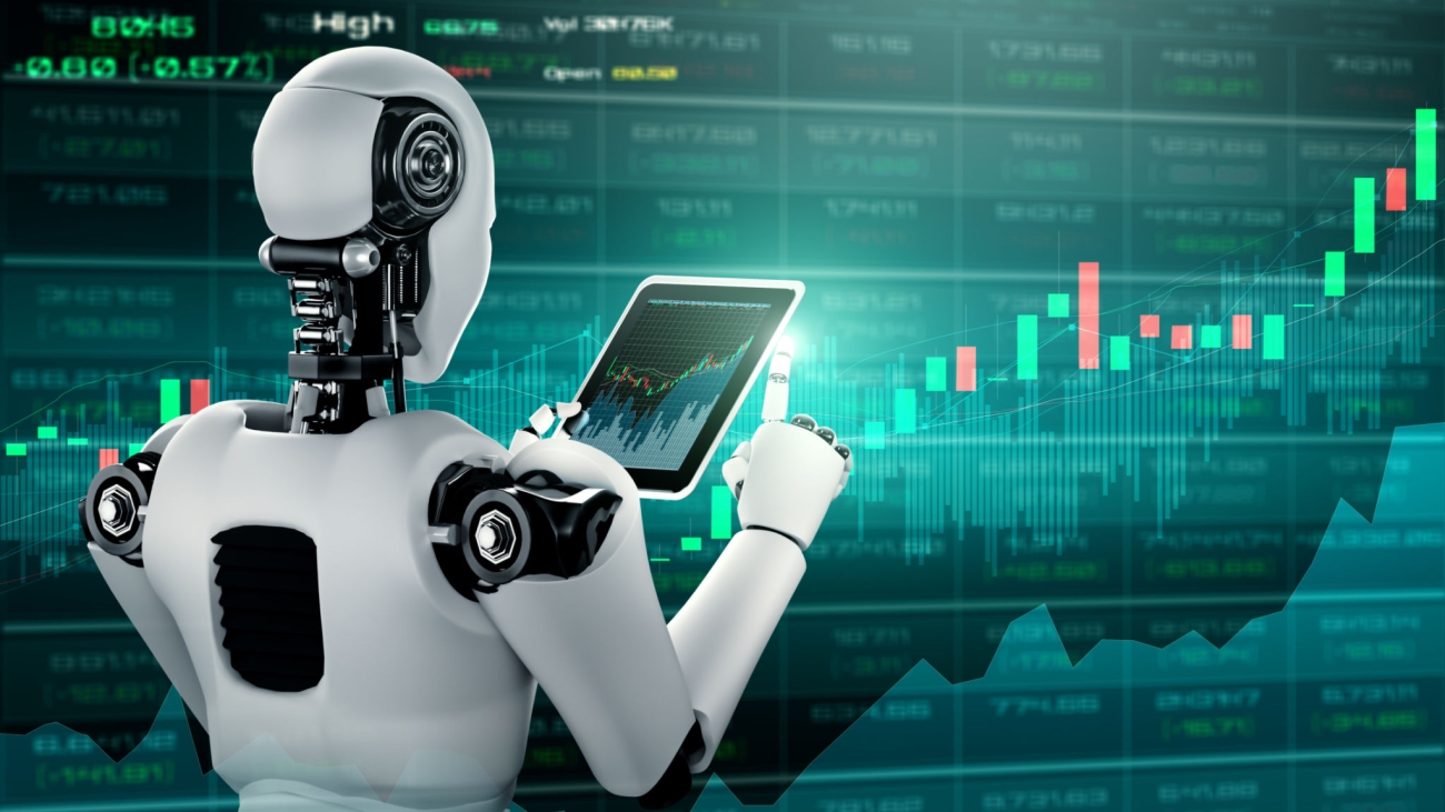 Future financial technology controlled by AI robot using machine learning and artificial intelligence to analyze business data and give advice on investment and trading decision . 3D illustration .